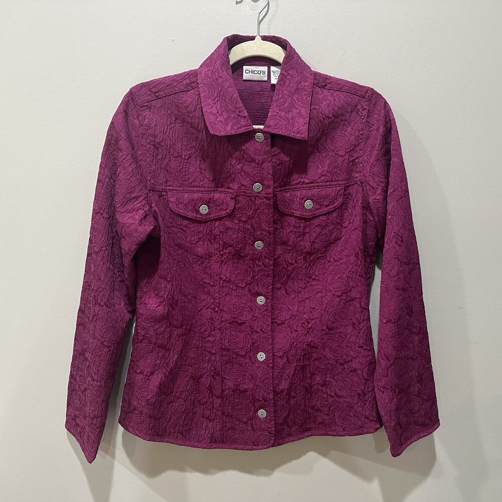 Chico's Textured Magenta Rose Swirl Jacket Shirt Button Up Sz Small